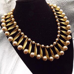*EXQUISITE* 1960'S EGYPTIAN REVIVAL GLASS PERLS TWISTED GOLDEN COLLAR NECKLACE B